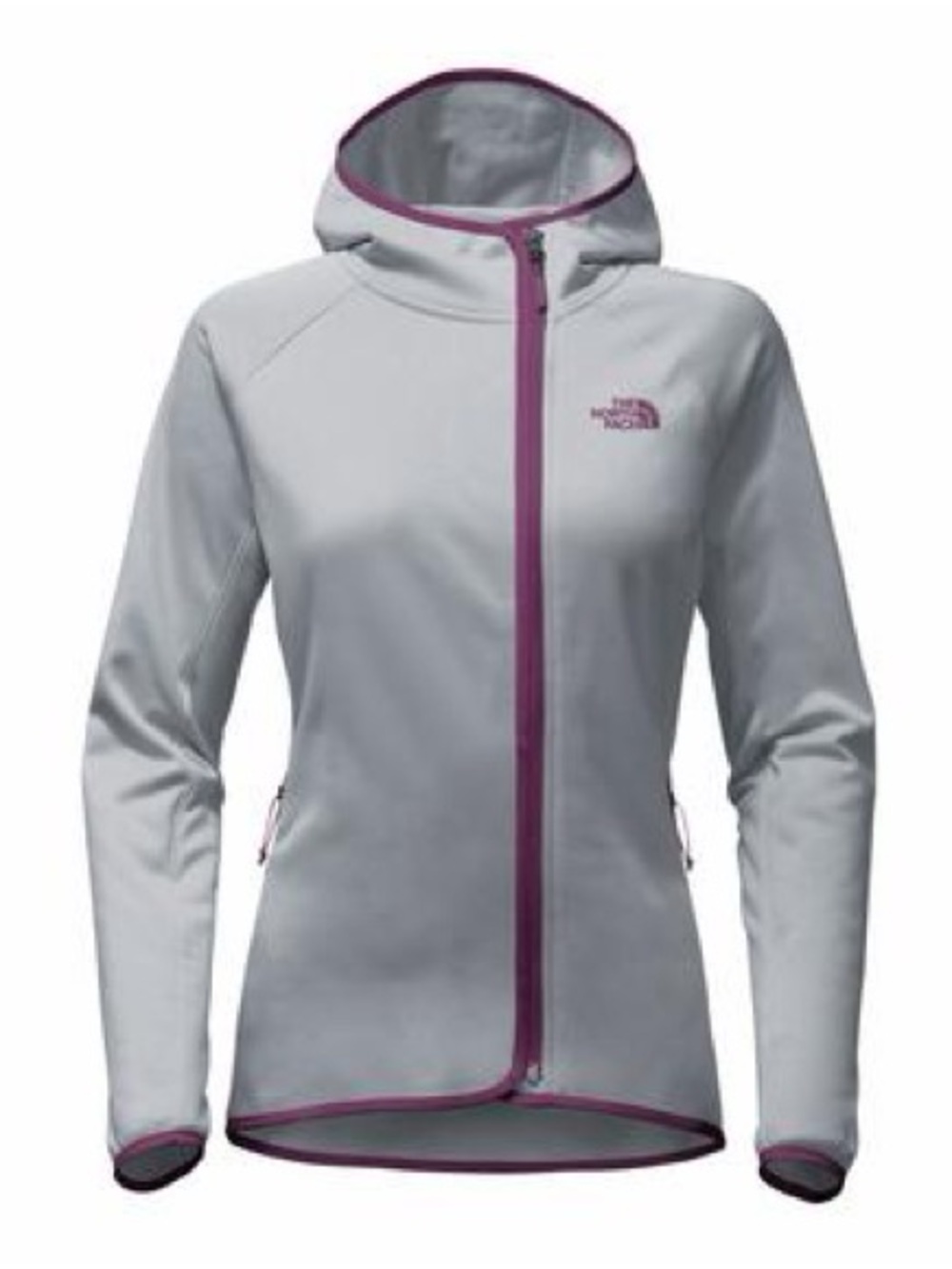 The North Face Women’s Hooded Softshell Jacket — Light Gray with Purple Trim